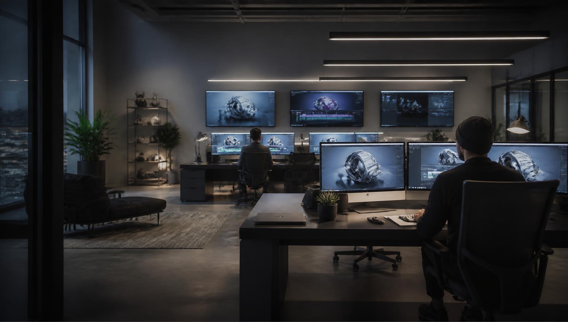 Artists at work in a creative production studio, colour grading and 3D animation on screen